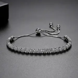 CzCity Fashion Classic Pull Chain Flower Tennis CZ Slide Bracelets for Women Elegant Zirconia B-2018082409 Adjustable Rhodium Plated Brass Bracelet