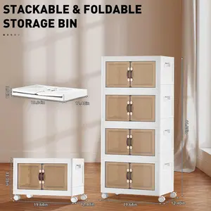 TUKAILAi 4 Tier Collapsible Storage Bins Max 140QT Stackable Organizer Boxes with 4 Wheels & Double Door Plastic Containers for Home and Office (White)