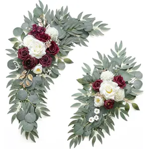 2-piece burgundy artificial wedding arch floral decoration garland, Rose vine wreaths, featuring vintage burnt embroidered balls paired with burgundy roses, perfect for wedding welcome signs, ceremonial party receptions, home floral decorations