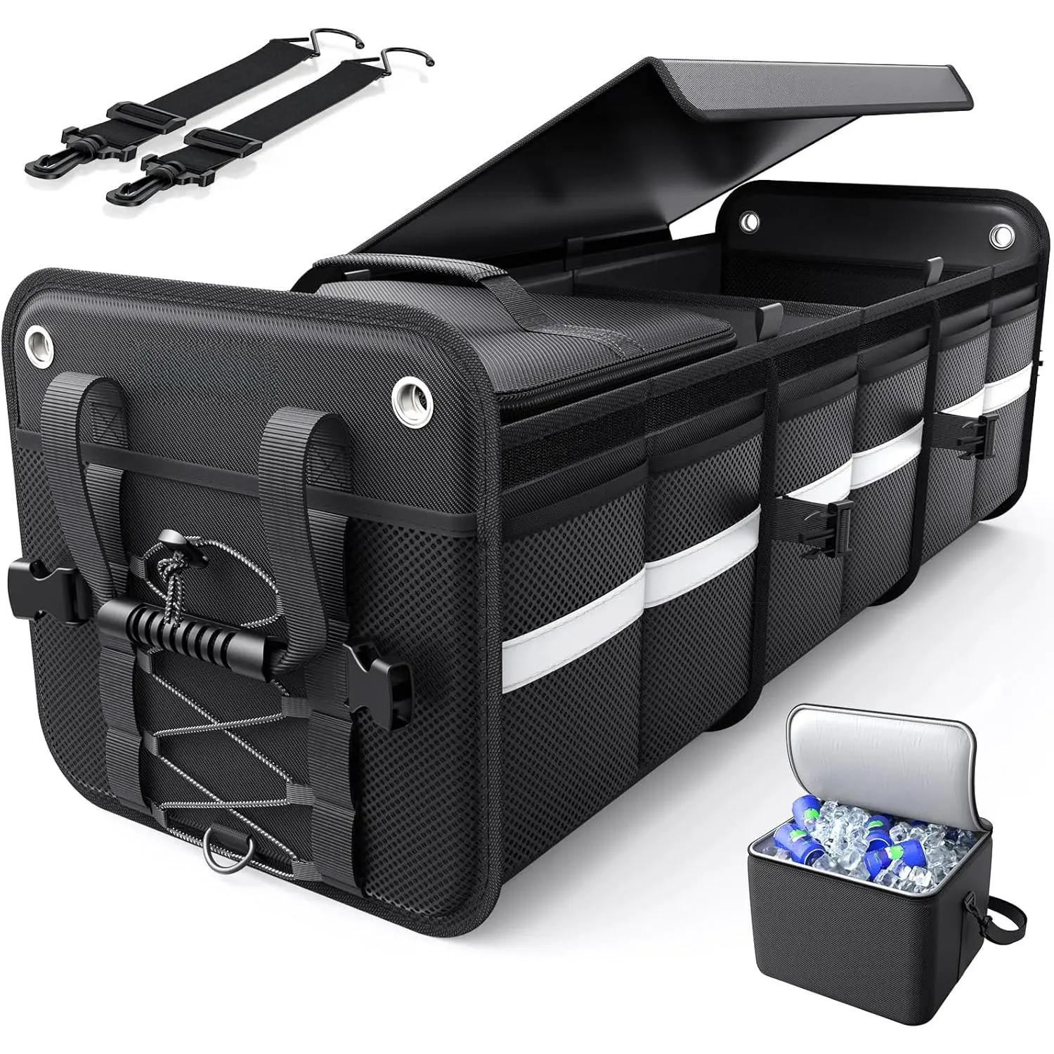 Trunk Organizer - 3-Compartment Car Organizer and Storage with Cooler Bag, Foldable Car Storage Organizer for SUV with Handles & Strap for Shopping, Picnic, 33.1" x 13.0" x 11.8", Black