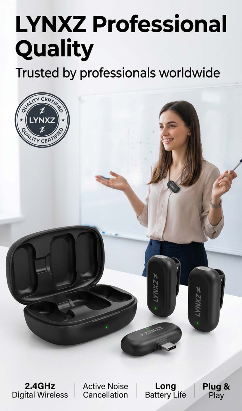 LYNXZ A8 Wireless Mini Mic | 2TX+USB-C | Magnetic | 48kHz/24bit | For iPhone 17/16/15 & Android | Vlog Podcast Streaming