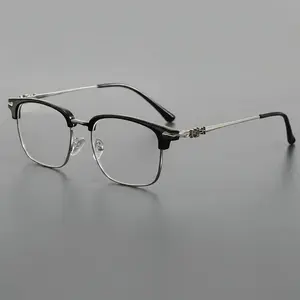 2-Tone Browline Square Unisex Eyeglasses - Gloss Black Acetate Top Frame, Engraved Texture, Thin Metal Temples, Clear Anti-Blue Light Lenses for Office Computer Use