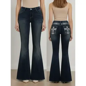 Women’s elegant high-waisted elastic denim flare (bell-bottom) pants with rhinestone embroidery on the back pocket—fashionable casual women’s jeans GARMENTARY