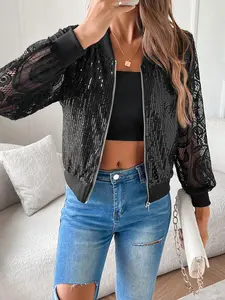 Women's Glitter Sequins Baseball Collar Zip Up Jacket, Elegant Fashion Casual Lace Jacket for Daily Outdoor Wear, Ladies Clothes for Summer