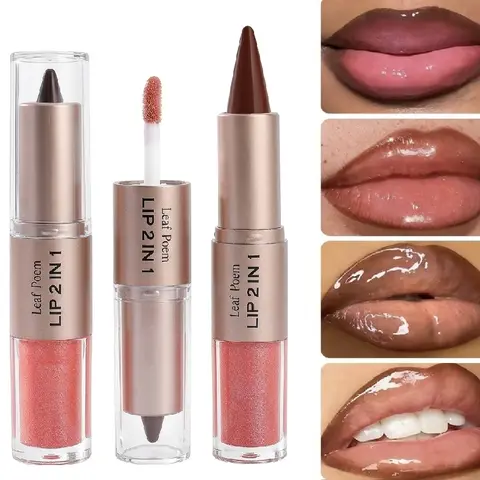 2-in-1 Glossy Lip Liner & Lipstick Combo Kit - Cosmetic Lip Care with Moisturizer, Plump Matte Finish, Mirror-Shine, Long-Lasting Color Lock, Non-Stick-to-Cup Effects (Lipgloss Included)