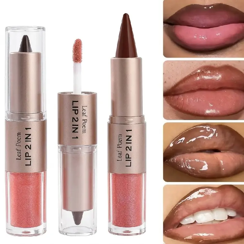 2-in-1 Glossy Lip Liner & Lipstick Combo Kit - Cosmetic Lip Care with Moisturizer, Plump Matte Finish, Mirror-Shine, Long-Lasting Color Lock, Non-Stick-to-Cup Effects (Lipgloss Included)