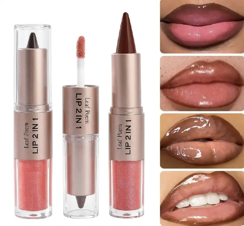 2 in 1 Lip Liner & Gloss Combo for Plump, Matte  and Mirror-Shine Glossy Moisturizing Gloss, Long-Lasting Color Lock, Non-Stick-to-Cup