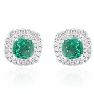 4Ct Emerald & Lab Grown Diamond Cushion Halo Studs 14k White Gold