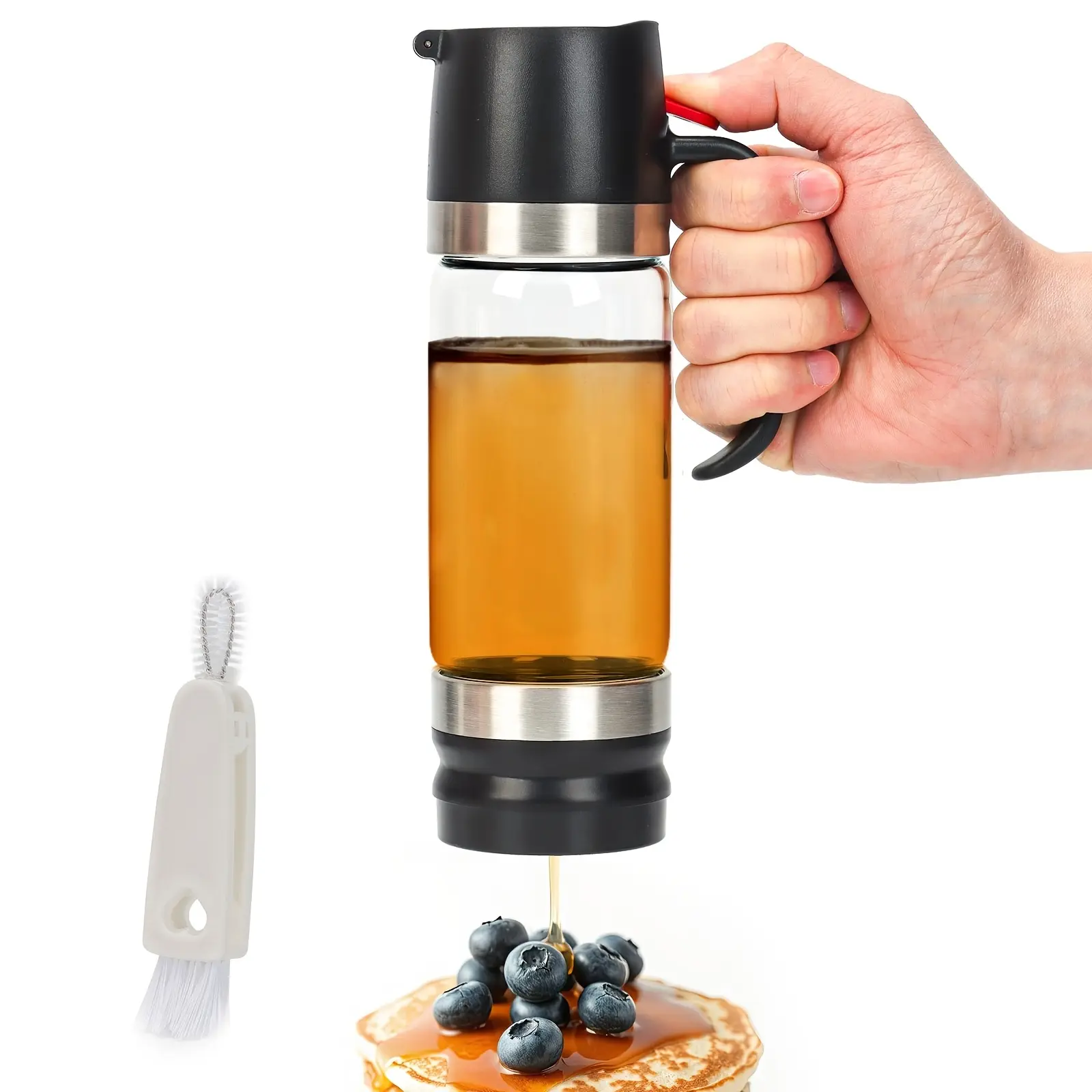 11.83oz Glass Honey Bottle with Cleaning Brush, Press-Type Drip Bottle Home Sealed Jar Seasoning Syrup Bottle Jam Jar Glass Oil Dispenser