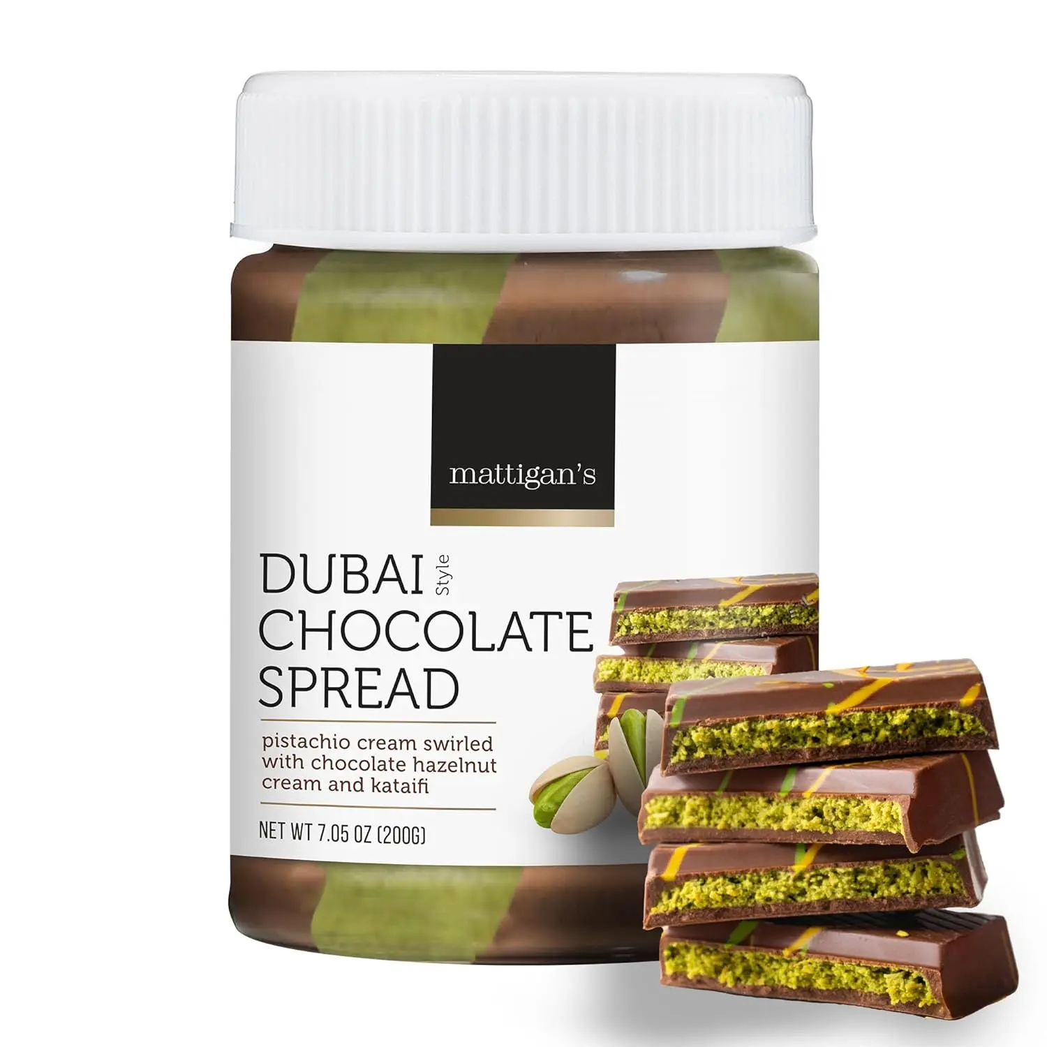Mattigan's Award-Winning Chocolate Layer Dubai-Style Spread with Pistachio Cream, Kataifi Crunch, Hazelnut Nuts - 7.05 oz Gourmet Dessert Topping Jar