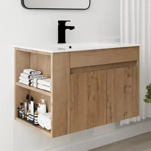 White Floating Vanity 30" | Wall Mount Bathroom Cabinet with White Ceramic Sink
