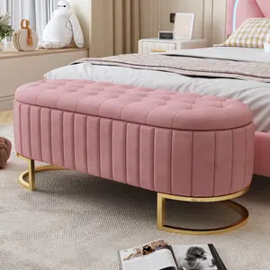 Elegant Upholstered Velvet Storage Ottoman with Button-Tufted,Storage Bench with Metal Legs for Bedroom,Living Room,Fully Assembled Except Legs,Pink