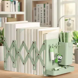 Retractable Desktop Bookstand with Basket & Hook Modern Metal Book Holder Wear Resist Magazine Storage Rack Office Accessories，the design uses a soft candy color scheme