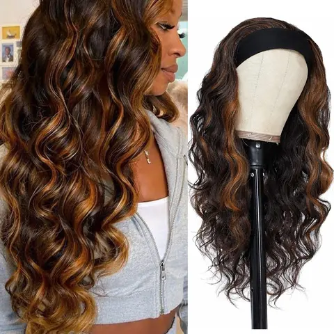Long Body Wave Brown Headband Wig, Black Loose Headband Wig for Women, 26-Inch Thick Soft Synthetic Fiber Go Glueless Wig, Natural Easy to Wear, Headband Wig for Beginners, Headband Style Wig