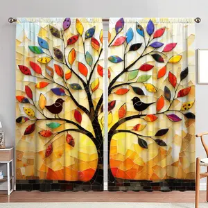 Colorful Tree Pattern Door Curtain, 1 Set Stained Glass Door Curtain, Home Decor for Living Room Bedroom, Room Divider Curtain