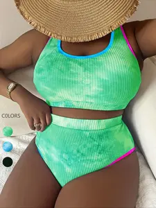 Two-Piece Set Plus Size Women's Tie Dye Print Contrast Binding Tankinis Set, Chic U Neck Swim Top & High Waist Swim Bottom, Women's Summer Outfits 2024, Tankini Bottoms Set