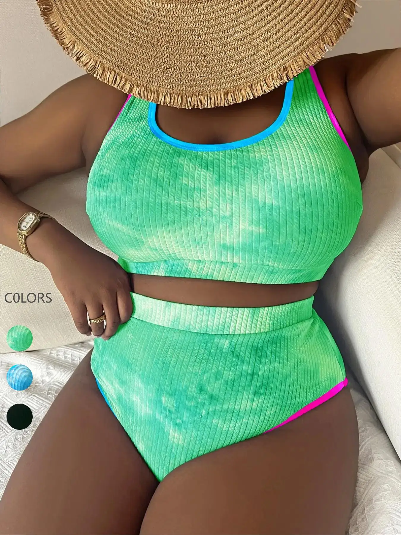 Two-Piece Set Plus Size Women's Tie Dye Print Contrast Binding Tankinis Set, Chic U Neck Swim Top & High Waist Swim Bottom, Women's Summer Outfits 202