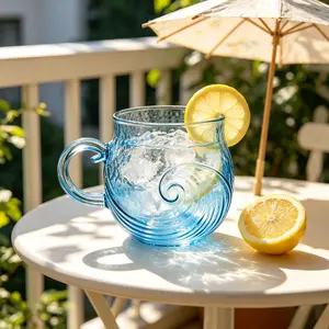 Handblown Ocean Wave Glass Mug 12oz Textured Sea Wave Design Unique Glassware for Coffee,Tea,Cocktails Dishwasher Safe Easy Clean Gift for Beach Lovers,Home,Patio