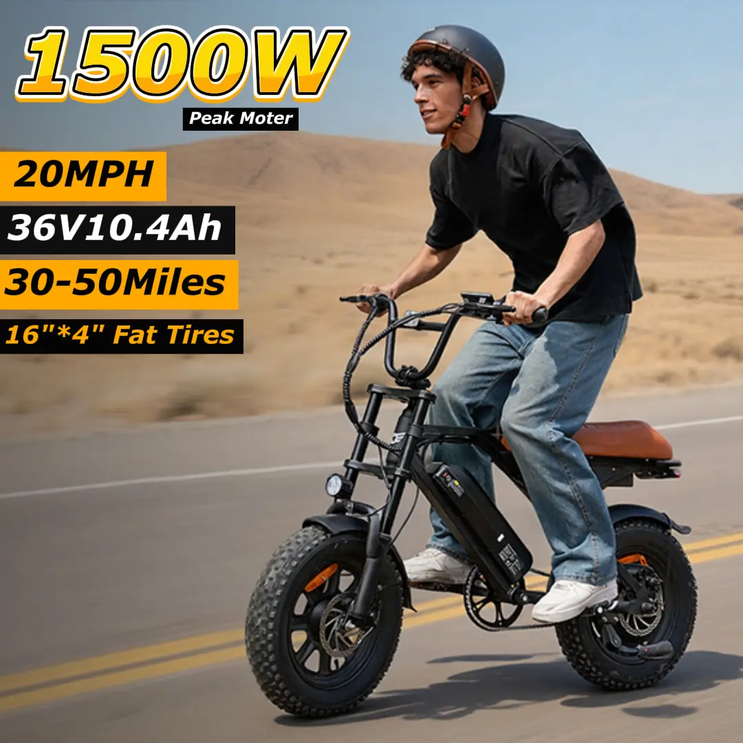 Electric Bike for Adults, 1500W Peak Electric Bike, 55 Miles Range E-Bike with 36V 10.4AH Removable Battery, Peak 25MPH, 16" Fat Tire All-Terrain Ebike with Banana Seat & Pump