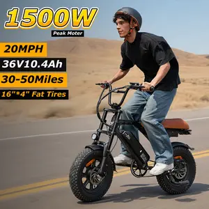 Electric Bike for Adults, 1500W Peak Electric Bike, 55 Miles Range E-Bike with 36V 10.4AH Removable Battery, Peak 25MPH, 16" Fat Tire All-Terrain Ebike with Banana Seat & Pump