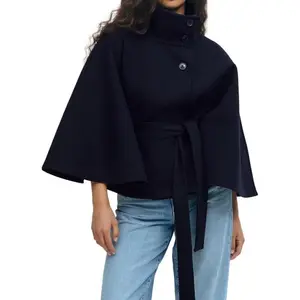 Women Batwing Sleeve Ponchos Pea Coat Wool Stand Collar Belt Capes Jacket Winter Cropped Overcoat