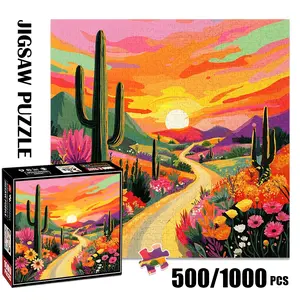 1pc 1000 piece adult puzzle 58x58cm Colorful Desert Sunset with Cacti and Floral Pathway500 pieces paper jigsaw puzzle suitable for DIY creative games for adults and families, birthday and holiday st