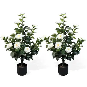 2 Pcs 3ft Artificial Camellia Tree with 24 Realistic Flowers 188 Leaves Decorative Pebbles Flower Pot for Indoor Outdoor Home Porch Entryway Wedding Party Decor No Maintenance Lifelike Faux Floral Plant