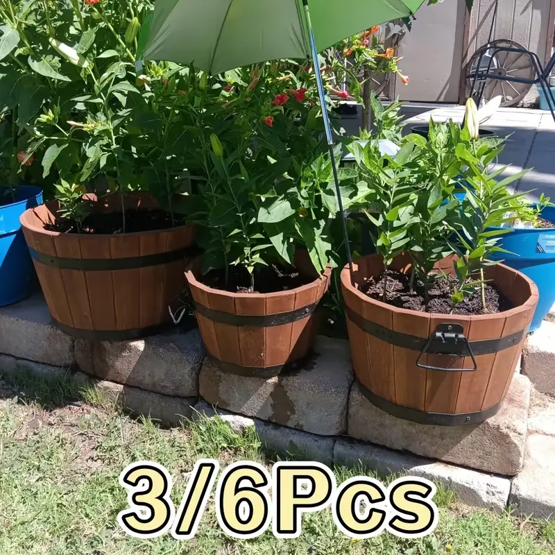3/6 Set Pack Country Style Wooden Barrel Plant Holders with Handle - Round Earthy Style Decorative Wooden Vases for Indoor/Outdoor Room Decor, Garden Cultivation, Backyard Use