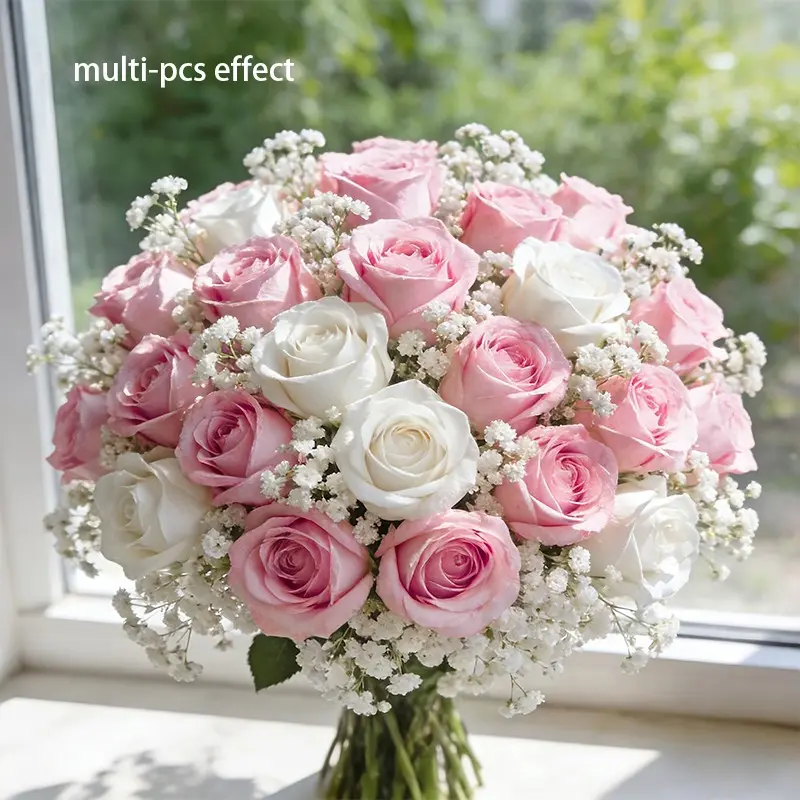 Exquisite realistic dazzling rose combination of pink roses, white roses, and white baby's breath, suitable for DIY wedding bouquets, center decorations, floral art decorations, bridal queue, and home interior decoration, Artificial Rose Arrangements