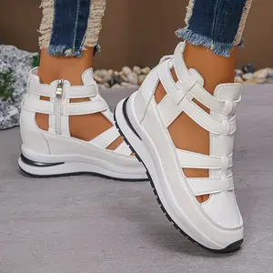 Women's White Platform Wedge Sandals - Thick-Soled Roman Strappy Ankle Strap with Side Zipper, Breathable Synthetic & EVA Cushioned Insole, Round Toe Beach Shoes for Summer, Casual,, Parties - Durable Comfortable Footwea
