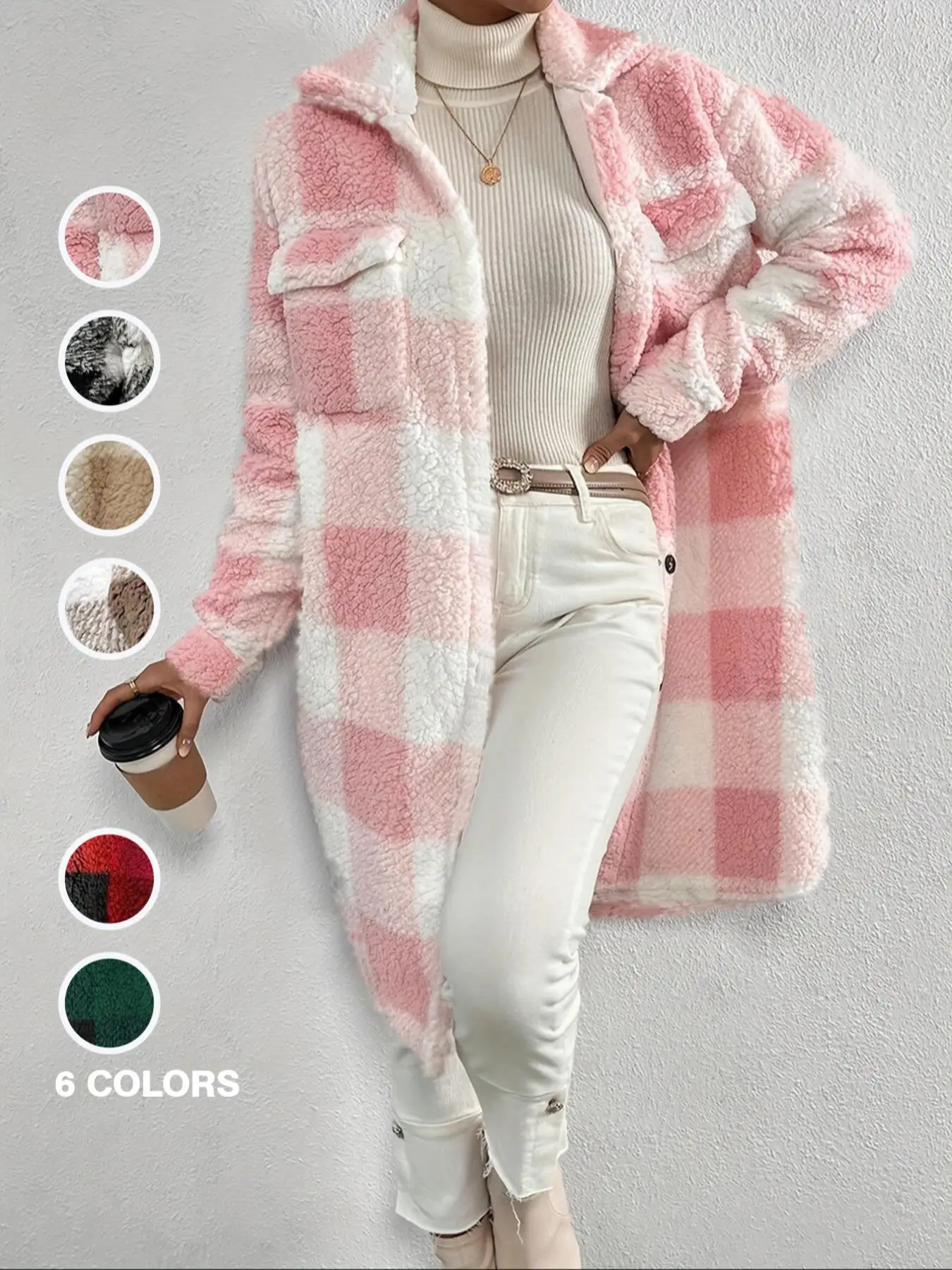 Women's Plaid Print Button Front Pocket Fuzzy Coat, Casual Long Sleeve Collared Outerwear for Fall & Winter, Women's Clothes for Daily Wear Valentine