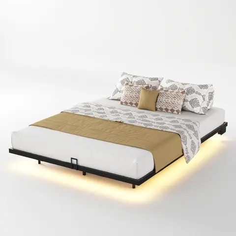 Sweetcrispy Heavy Duty Reinforced Smart Platform Bed Frame - 1500 LB Capacity, 75.2"L × 38.0"W × 7.9"H, Built-In LED Light, Outlets, Type-C+USB Charging Hub, Easy Vacuuming, Modern Flatform Bed Frame Indoor Furniture