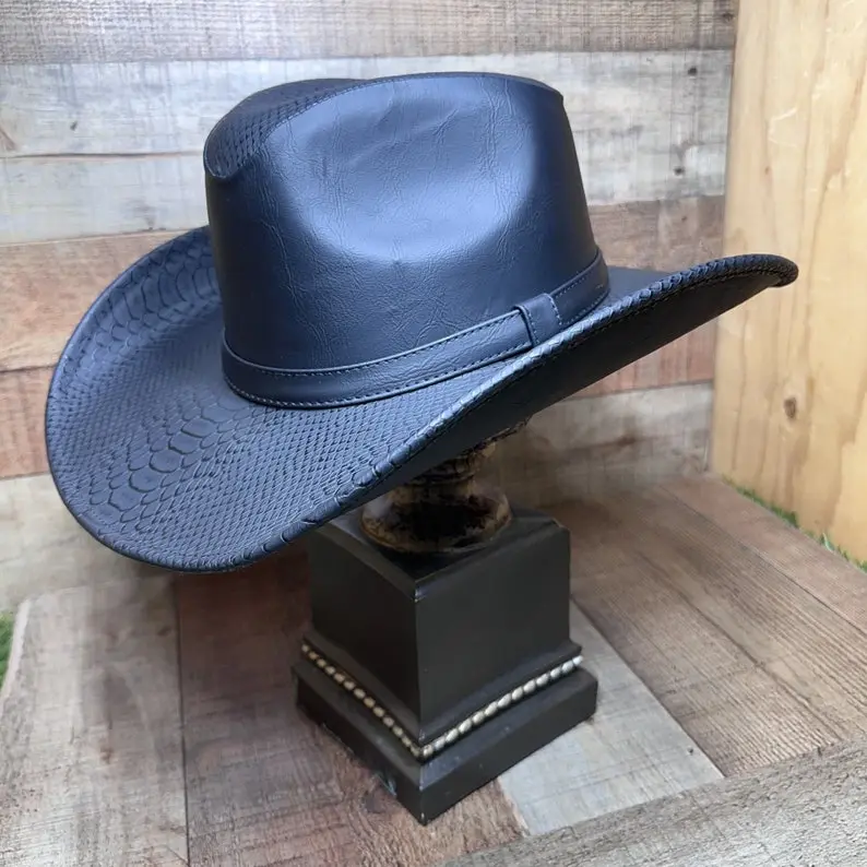 Men/Woman Genuine Leather Western Cowboy Hat Made in Mexico BLACK / Sombrero Tejana de Piel en color Negro.