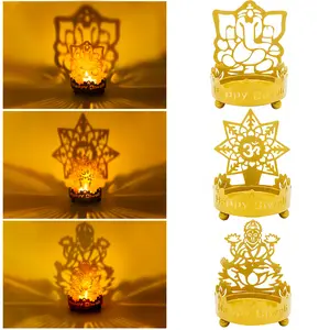 Metal Shadow Diwali Diya Set - 3PCS Diwali Gift for Indian Friend Ganesha Lakshmi OM T-Light Candle Holder for India Wedding Navratri Puja Dhanteras Pongal Karva Chauth Mandir Temple Altar Pooja Item