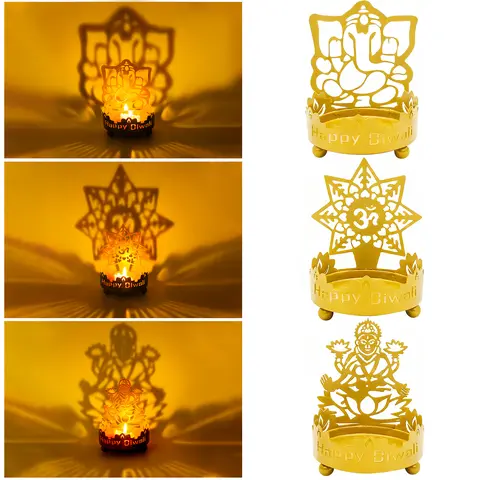 3PCS Metal Shadow Effect Diwali Diya Set - Ganesha Lakshmi OM T-Light Candle Holder, Home Decor Pooja Item for Friends, Relatives, Indian Wedding Anniversary, Navratri Puja