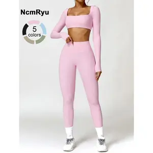 Women's Seamless High Elastic Soft Square Collar Open Waist Long Sleeve High Waist Hip Lifting Trousers Yoga suit  Outdoor Running Mountain Climbing Walking Fashion suit  All-match long-sleeve trousers for gym training（gift）