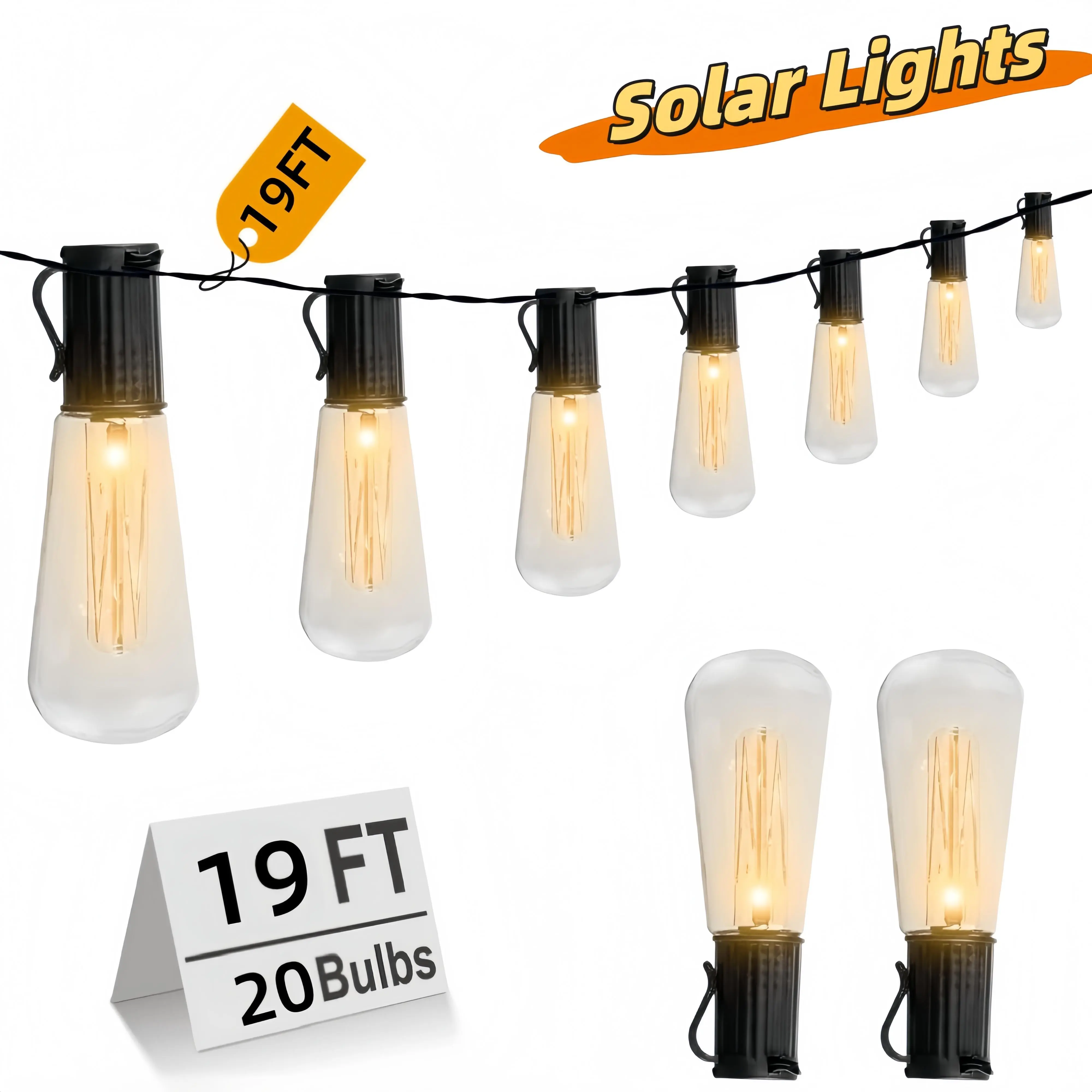 19FT Solar Outdoor String Lights with Edison Bulbs, Waterproof LED Patio Lights, Vintage Hanging Lights for Garden, Lawn, Deck and Backyard Decor