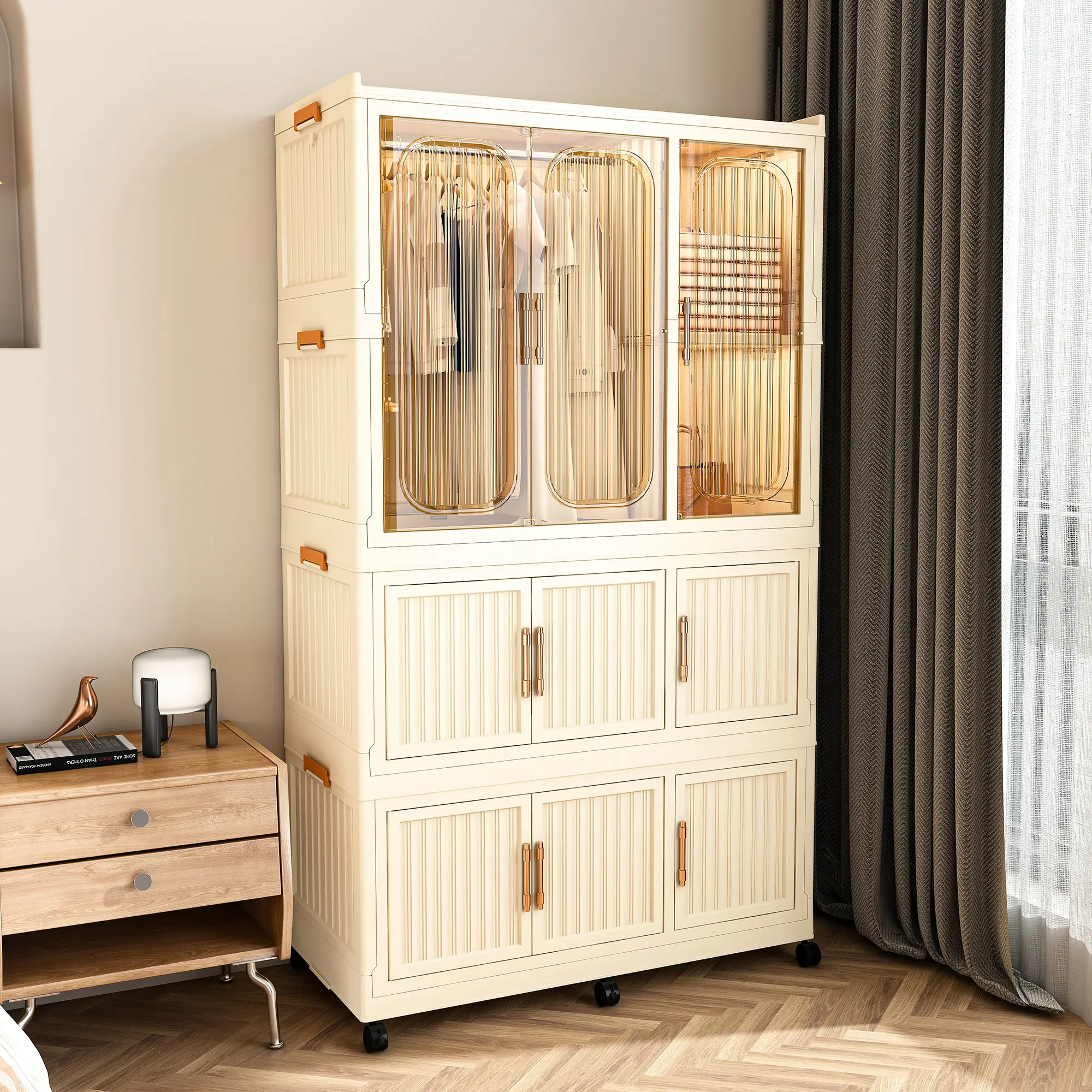 White Freestanding Heavy-Duty Wardrobe Armoire - Foldable Quick-Assemble Small Space Clothes Storage Organizer, 9-Cube Cabinet with 9 Magnetic Doors, 1 Hanging/Skirt Rod and 6 Hangers, Freestanding Wardrobe, Small Room Ideas