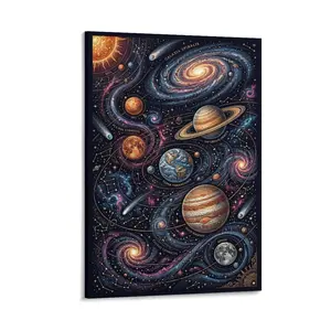 Printed Canvas Wall Art, Vintage Astronomical Galaxy & Planets Design, Colorful Retro Space Decor for Living Room Bedroom Office