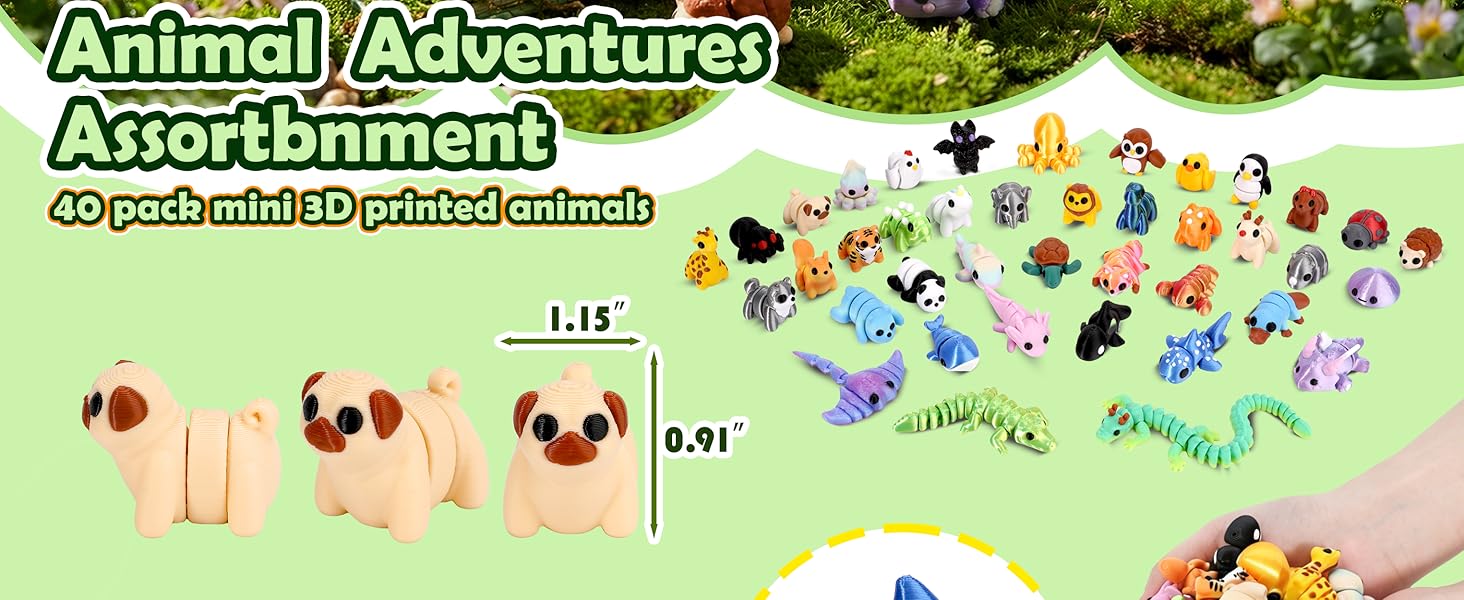 40PCS Mini 3D Printed Cute Animal Figures Set - Articulated Fidget Toys, Sensory Products, Whimsical Mini Gifts for Party Favors, Classroom Prizes