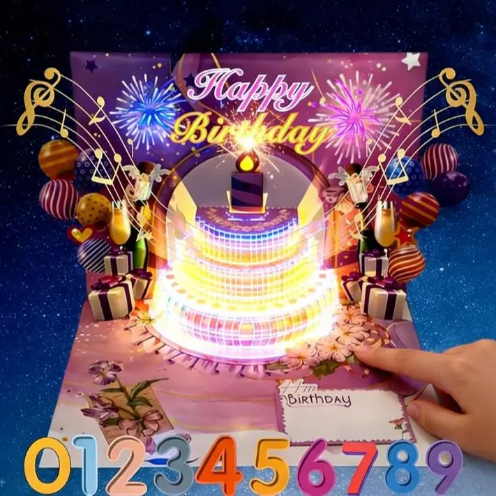 BREEZA Birthday Cards Fireworks Pop Up Cake Blowable Light and Music Happy Birthday CardGifts for Wife,Husband, Grandpa,Grandma,Daughter,Son Birthday Gift,Cake Fireworks LED Candle Lights,3D Birthday Card with Music and Colorful Lights
