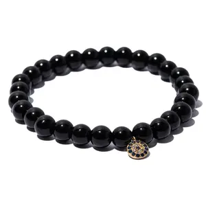 LA LUNA LOS ANGELES Black Onyx Bead Bracelet with Gold Plated over Sterling Silver Evil Eye Charm