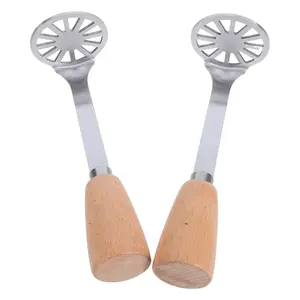2Pcs Stainless Steel Potato Masher Wooden Handle Manual Kitchen Tool Compact Portable Vegetable Masher for Mashed