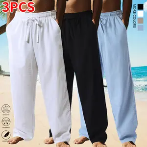 Men’s 3-piece set with straight-leg pants — drawstring waist, breathable fabric, casual comfortable loungewear, and loose-fitting pants—perfect for home and leisure wear.