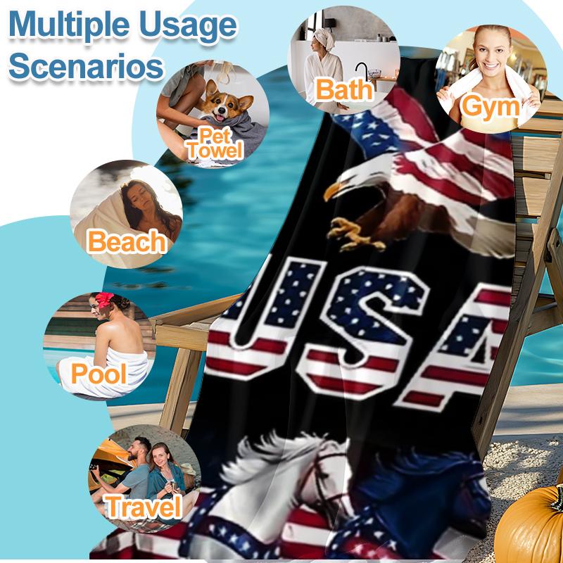 Patriotic USA Horse & Eagle Summer Beach Towel, 4th of July American Flag Towel for women Men