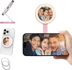 NAIDUN Metal Mini Multifunctional Magnetic Makeup Mirror, LED Portable Phone Photography Light, Can Also Be Used as a Phone Stand Multicolor Selfie Smartphone Pink Cellphone
