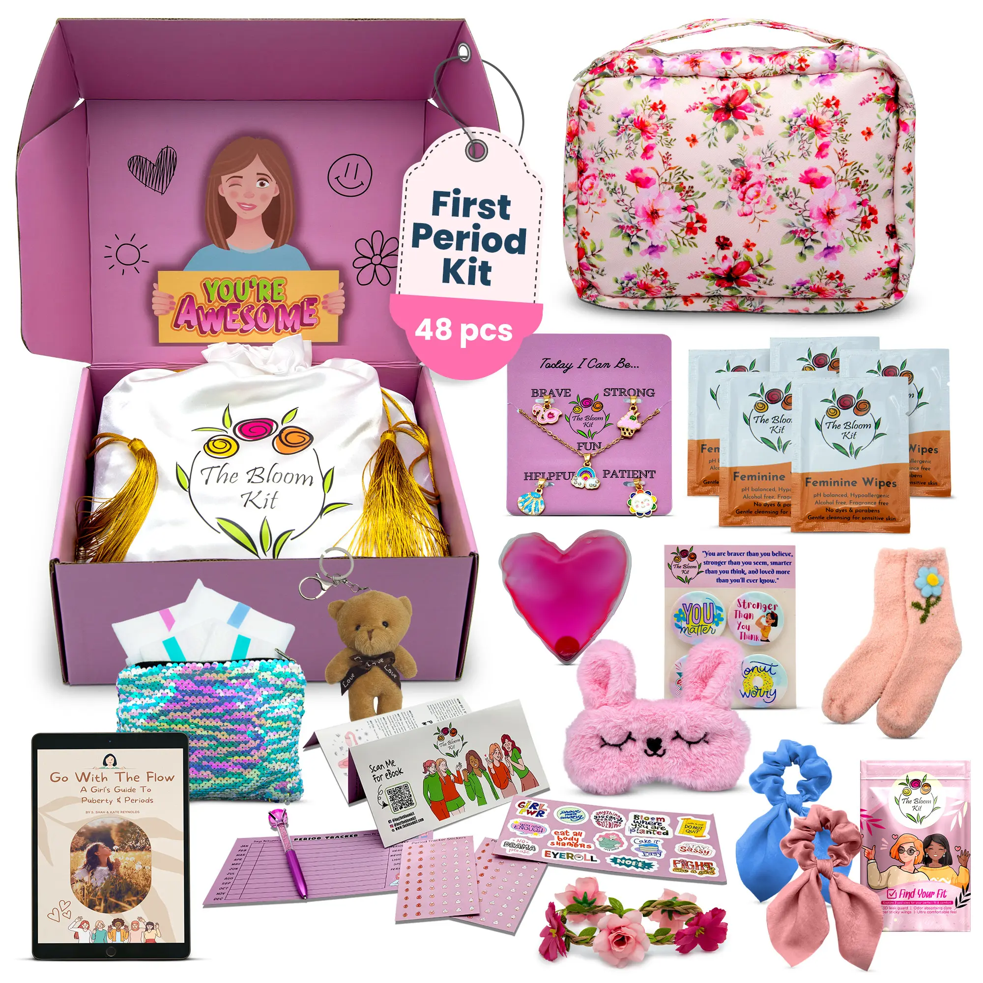 The Bloom First Period Kit for Girls 9-10-12-14 for School | Menstrual Starter Kit Essentials for Tween Girls | First Periods Teen Gifts Box with Pads, Wipes, Educational E-Book & More (48 PCs)