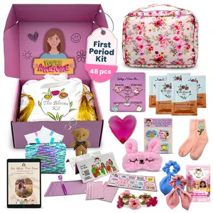 The Bloom First Period Kit for Girls 9-10-12-14 for School | Menstrual Starter Kit Essentials for Tween Girls | First Periods Teen Gifts Box with Pads, Wipes, Educational E-Book & More (48 PCs)