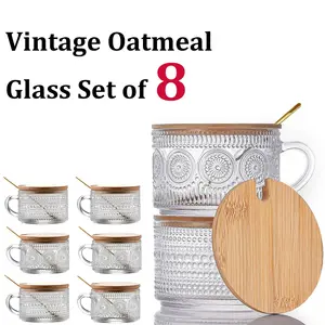 14oz Petal Waterdrop Texture Retro Coffee Cup Set (8 Units) with side handle, alloy spoon and bamboo lid, brewed coffee mug, snack dessert cup, daily portable drink set, handcrafted glass artwork #Summer aesthetic