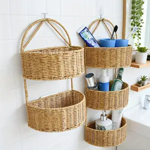 Vintage Woven Wall Hanging Storage Basket Beige Brown Sturdy Hanging Shelf Open Top Design Space Saving Kitchen Bathroom Organizer